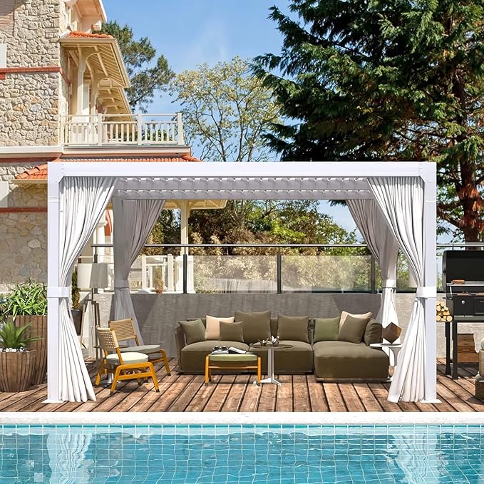 EROMMY Louvered Pergola 10' x 10' Outdoor Hard Top Pergola with Aluminum Frame and Adjustable Metal Rainproof Roof for Garden & Patio, Curtains and Netting Included, White