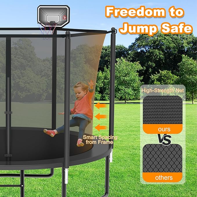 DeepRoar 2026 Upgraded 8FT 10FT 12FT 14FT 15FT 16FT Outdoor Tranpoline for Kids, Big tranpoline with Basketball Hoop, Lights, Sprinkler & Socks, Heavy Duty tranpoline 1500LB, ASTM Approved Tranpoing
