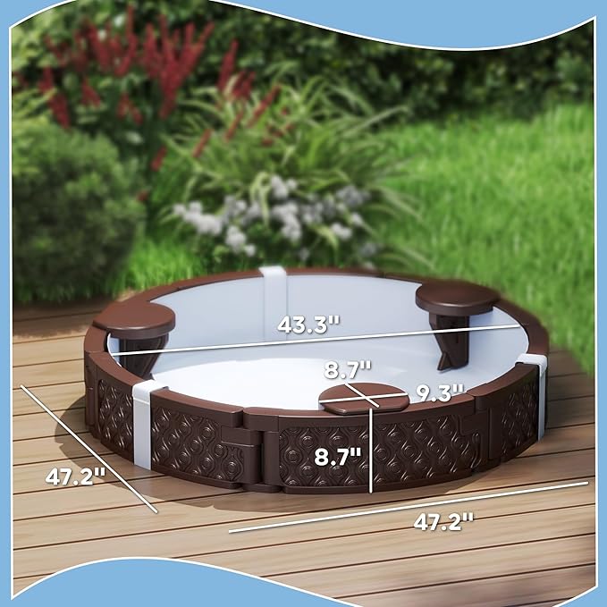 Qaba Kids Sandbox with Cover, Round 47 HDPE Large Sand Pit with 3 Seats, Waterproof Bottom Liner, Weather Resistant Outdoor Sand Box for Backyard, Lawn, Garden, Beach, Patio, Brown