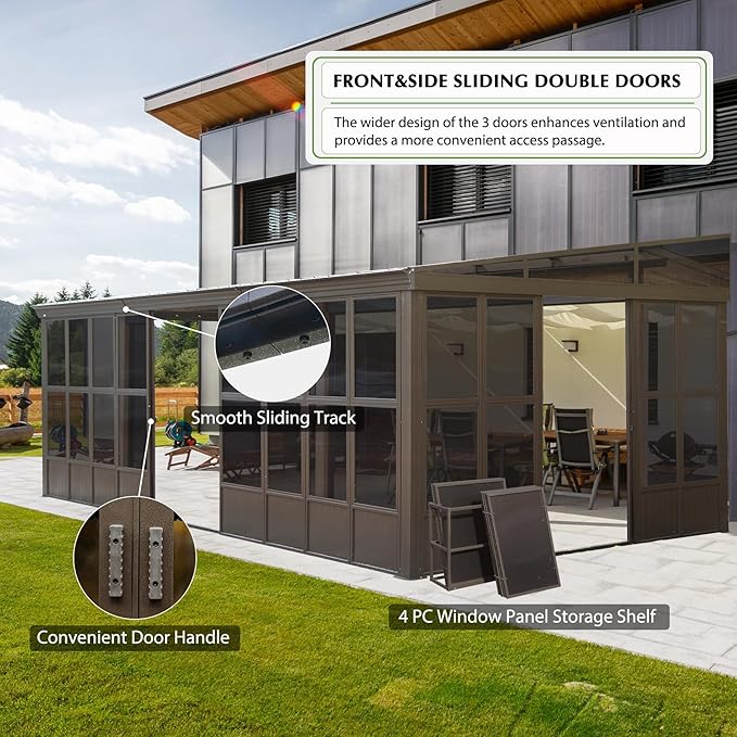 12'x20' Lean to Sunroom, All Weather Wall Mounted Sun Room, Hardtop Aluminum Solarium Gazebo with Galvanized Steel Roof, 3 Sliding Doors, PVC Screen, Outdoor Enclosed Sun Room for Patio, Deck