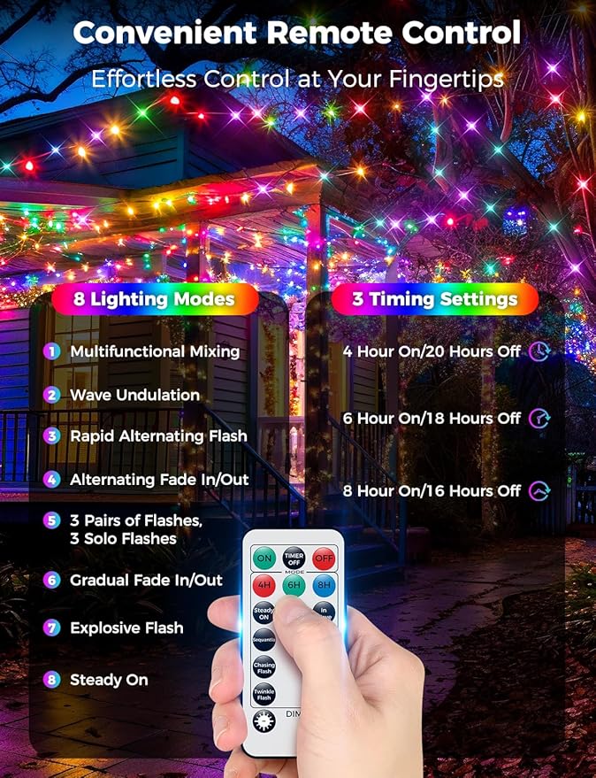 Brightever 360FT 1100 LED Christmas Lights with Remote, IP67 Waterproof Plug-in Christmas Tree Lights - 8 Modes & 3 Timers, Dimmable Outdoor String Light for House Yard Xmas Decorations (Multicolor)