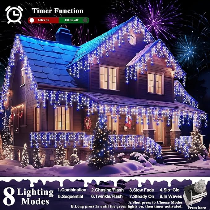 XURISEN 66ft Christmas Lights Decorations Outdoor, 640 LED 8 Modes Curtain Fairy Lights with 120 Drops,Plug in Waterproof Timer Memory Function for Christmas Holiday Wedding Party Decor(Blue+Cool)