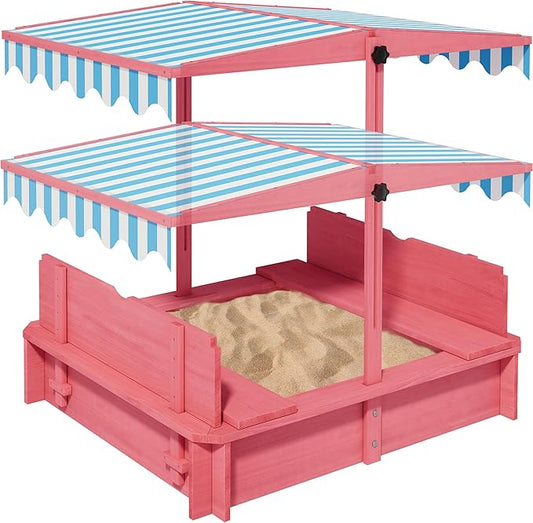 Sandbox with Lid & Cover, Wooden Kids Outdoor Sand Box with Height-Adjustable UV-Resistant Canopy, 2 Foldable Bench Seats & Bottom Liner, 43x43 Inch, Perfect for Backyard, Beach, Garden Play