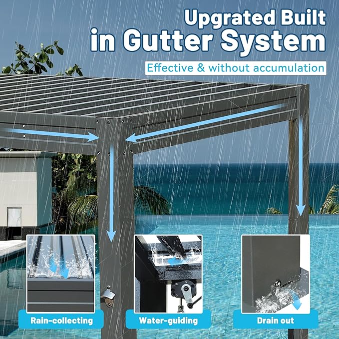 8x5 FT Grill Louvered Pergola for Outdoor Grill, Hardtop Grill Pergola with Built-in Gutter & Adjustable Rainproof Roof, Metal Shelter Gazebo for Patio Backyard Deck -Grey