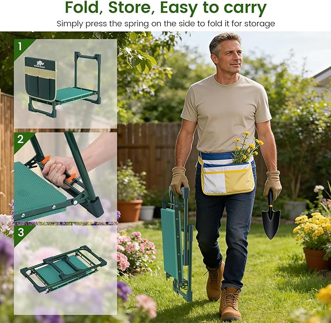Garden Kneeler and Seat, Heavy Duty 2 in 1 Gardening Stool with Tool Side & Tote Bags, Foldable Gardening Bench to Relieve Knee & Back Pain, Garden Chair Gifts for Women, Seniors