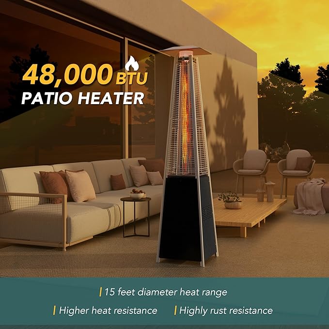 Pamapic Pool Heater Patio Heater, Pyramid 48,000 BTU Portable Heater with Patio Cover, 87 Propane Outdoor Heaters for Patio, Backyard, Balcony with Wheels(Hammered Gray)