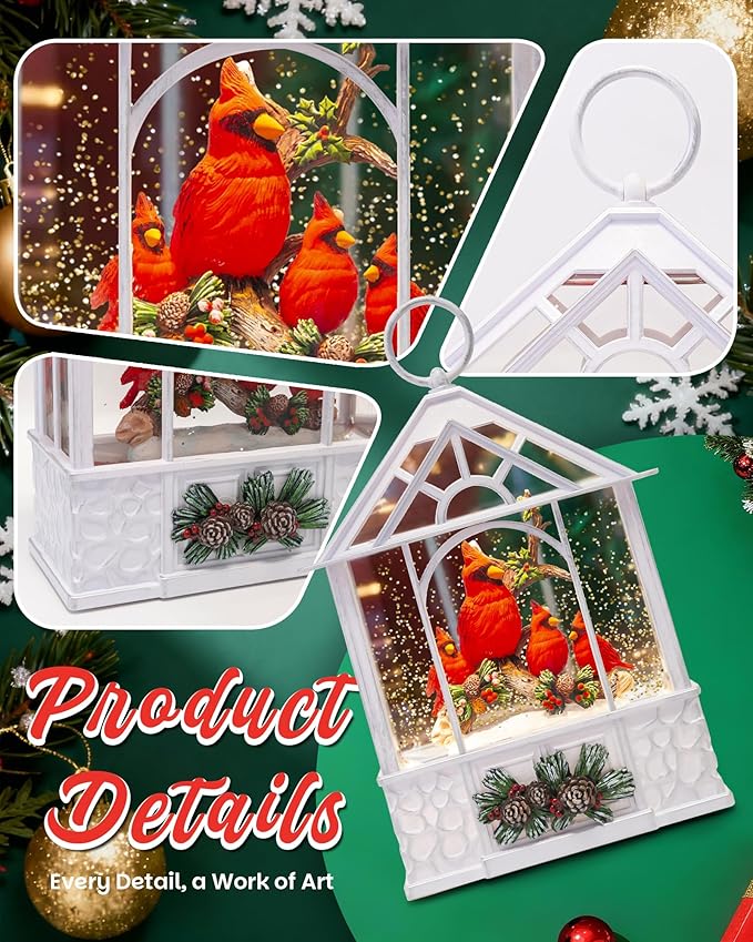 Christmas Cardinal Snow Globe Light up Lantern with 8 Songs, 9.84" White Christmas Snow Globes for Kids Adults, 6H Timer & Dual Power, Snowglobes Christmas Decorations Indoor, Gifts for Women Men