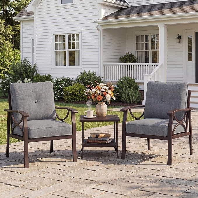 Outdoor Patio Furniture Set, 3 Pieces Metal Patio Conversation Set with Side Table for Porch Backyard Garden, Grey