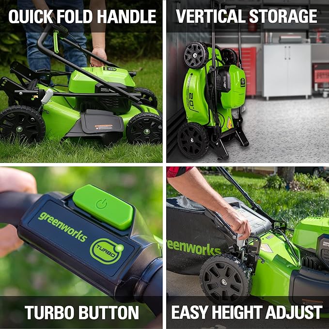 Greenworks 48V (24V x 2) All-in-One Cordless Combo - 20" Push Lawn Mower, 12" Trimmer, 320 CFM Blower & 500 Lumen Lantern