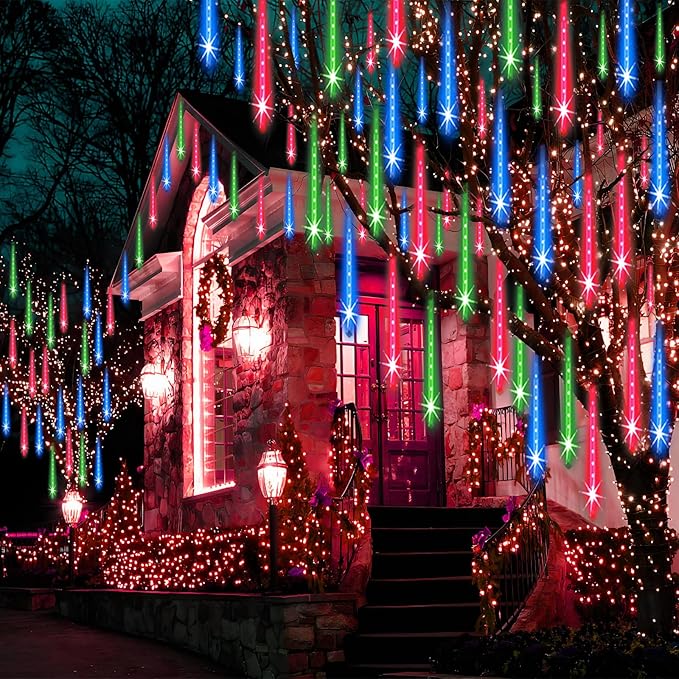 Christmas Lights Outdoor Tree Cascading Icicle Light 8 Tubes 192LED Shooting Star Waterfall Meteor Shower Falling Rain Lights for Xmas Decorations Wedding Party New Year (Multi Color)