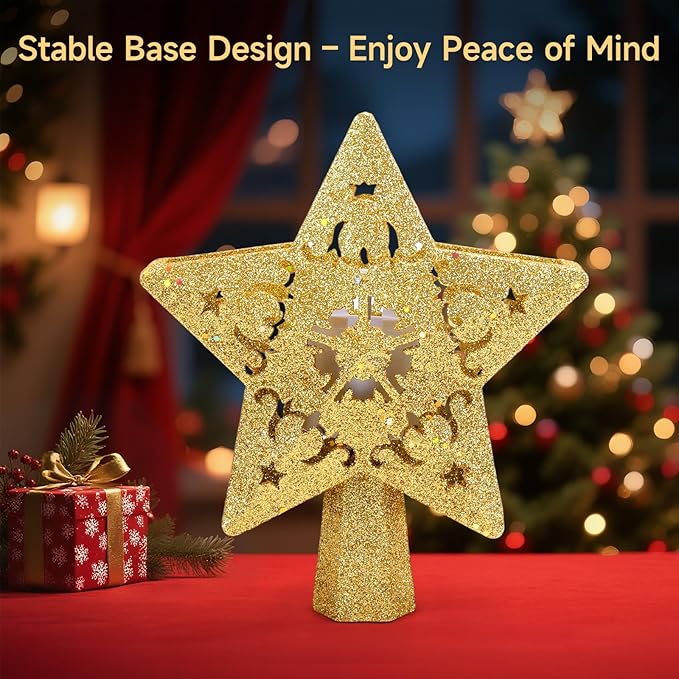 Christmas Tree Topper Lighted with Built-in LED Rotating Star Projector, 3D Hollow Glitter Gold Star Tree Topper for Xmas Party Holiday Christmas Decorations