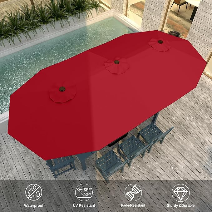 13FT Double-Sided Patio Umbrella with 48 Solar LED Lights, Large Rectangular Outdoor Market Umbrella with Crank Handle, Vented Canopy, Heavy-Duty 12 Rib Steel Frame, for Backyard, Garden, Pool, Red