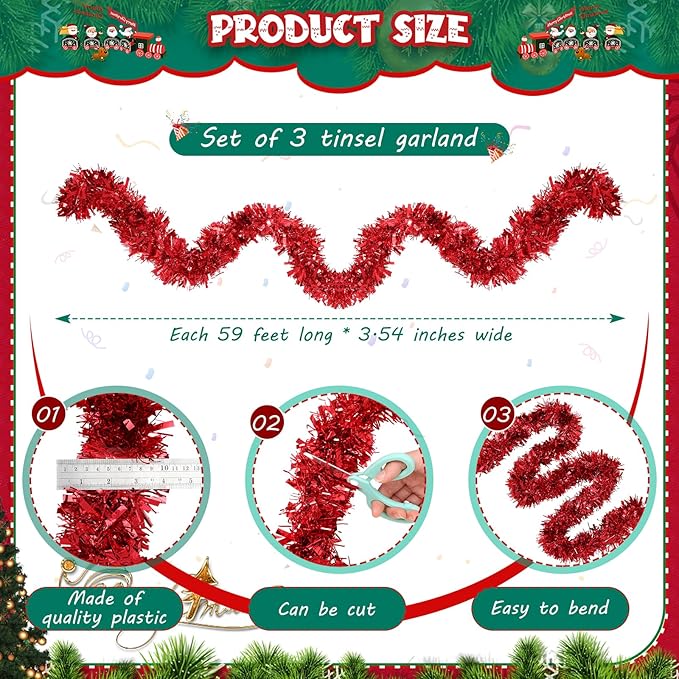 177 Feet Christmas Tinsel Garland Metallic Shiny Hanging Christmas Tree Tinsel Garland Ornaments for Indoor Outdoor Party Wedding Holiday(Red)
