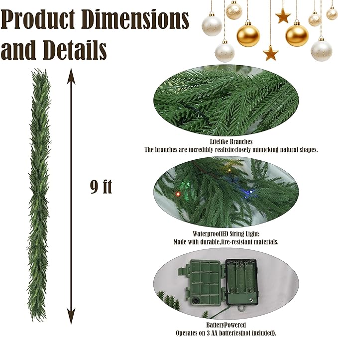 TW SHINE 9 FT Pre-Lit Christmas Garland Decorations, 50 LED Lighted Artificial Norfolk Pine Garlands with 8 Modes, Green Garland for Indoor Outdoor Table Mantle Stairs Fireplace Decor, Multi-Colored