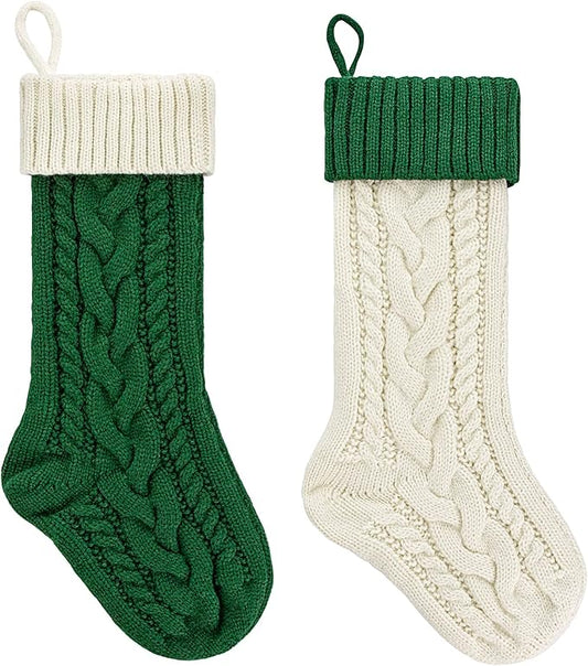 Personalized Christmas Stockings 18 Inches Large Size Cable Knitted Stocking Gift and Decorations for Holiday Family Xmas Party (Green and White, Pack of 2)