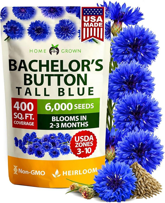 HOME GROWN Bachelor Button Seeds Tall Blue - 6000 Cornflower, Stunning Blue Blooms for Wildflower Gardens, Non-GMO Flowers & Pollinator-Friendly Spaces, Low Maintenance Flower Seeds (Centaurea cyanus)