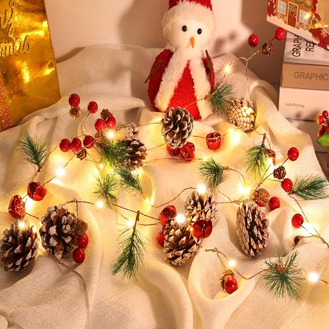 Christmas Garland with Lights 10 Feet 30 LED Bulbs Pinecones, Red Berries, Bells Decorative Lights Christmas Decorations Indoor Suitable for Home & Mantelpiece Decor Christmas Tree Decor