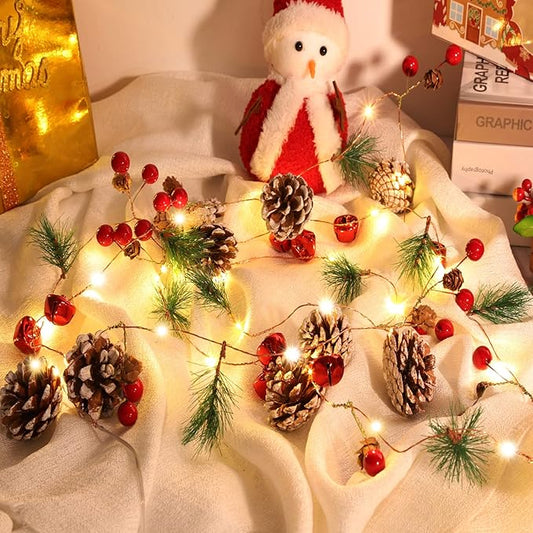 Christmas Garland with Lights 10 Feet 30 LED Bulbs Pinecones, Red Berries, Bells Decorative Lights Christmas Decorations Indoor Suitable for Home & Mantelpiece Decor Christmas Tree Decor