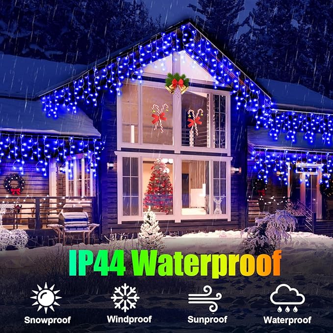 Christmas Lights Outdoor, 49FT 450 LED Ice Lights for Outside, Ice String Lights with 8 Modes, Waterproof Timer Memory Hanging Light for Eaves Party Yard Garden(Blue)