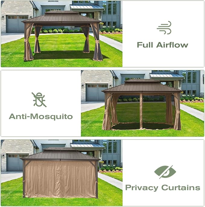 Domi Hardtop Gazebos 10x14FT, Aluminum Metal Gazebo with Galvanized Steel Double Roof Canopy, Curtain and Netting, Permanent Gazebo Pavilion for Patio, Backyard, Deck and Lawn, Brown