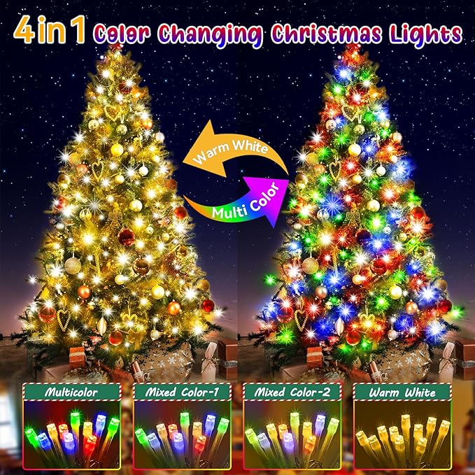 Hezbjiti 108FT 300 LED Color Changing Christmas Lights Outdoor, 11 Modes String Lights IP44 Waterproof Fairy Lights for Party Tree Yard Porch Wedding (Multicolor to Warm White, Clear Wire)