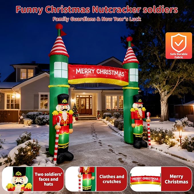10FT Christmas Inflatable Outdoor Decoration, Nutcracker Soldier Christmas Inflatables Archway, Christmas Blow Up Yard Decorations Built-in LED Lights Xmas Archway Outdoor for Lawn Garden Xmas