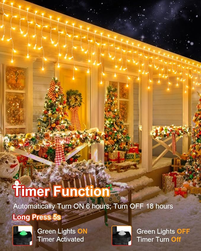Christmas Lights Outdoor, 53 FT 486 LED String Lights for Outside, Timer & Memory, Plug in 8 Modes Hanging Fairy Lights with 108 Drops for House Eaves Holidays Decorations Multicolor to White