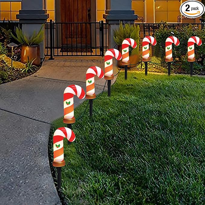 GOOTHY C7 Christmas Pathway Lights Outdoor, 7Ft Outdoor Christmas Decoration String Light with 8 Xmas Walkway Light Waterproof for Patio Driveway Lawn Garden Yard, Candy Cane, 14Ft