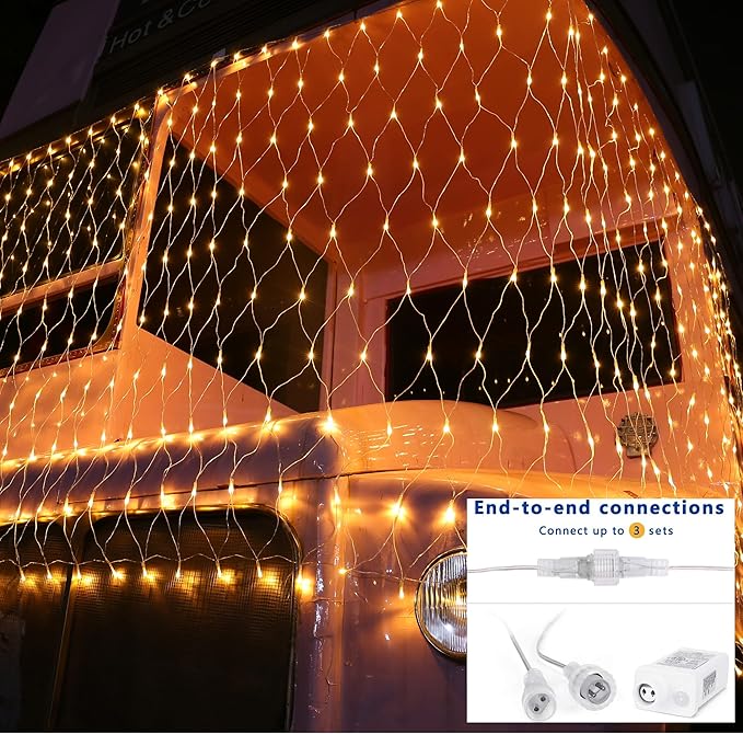 Joomer Christmas Net Lights - 2PACK 12FT x 5FT 360 LED Plug-in Mesh Lights, Waterproof with 8 Modes, Timer, Connectable for Bushes, Trees, Garden, Outdoor Christmas Decor (Clear Wire, Warm White)