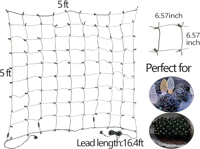 100 LED Christmas Lights 5 ftx5ft Christmas Net Lights Outdoor Indoor Mesh Christmas Decorations Lights string,Perfect for Bushes or Trees, Green Wire（Warm White）