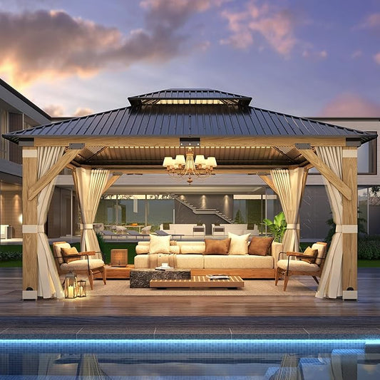 GARTOO 13’x15’ Patio Wooden Gazebo, Galvanized Steel Roof Gazebo with Privacy Curtains and Netting, Double Vented Roof Hardtop Gazebos for Garden, Porch, Lawn, Poolside, Backyard Deck