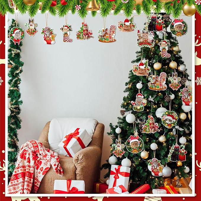 Qunclay 36 Pcs Cat Christmas Tree Ornaments Wooden Cat Christmas Tree Decorations Rustic Xmas Kitty Hanging Ornament Decorative Kitty Wood Pendants for Home Fireplace Holiday Xmas Party Decor