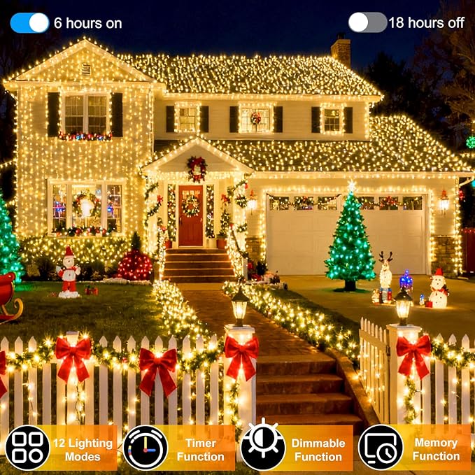 750 LED 240FT Christmas String Lights Outdoor, 12 Pro Modes and Timer Memory & Brightness, Plug in Waterproof Dark Green Wire Twinkle Light for for Xmas Yard Tree Wedding Party Decor (Warm White)