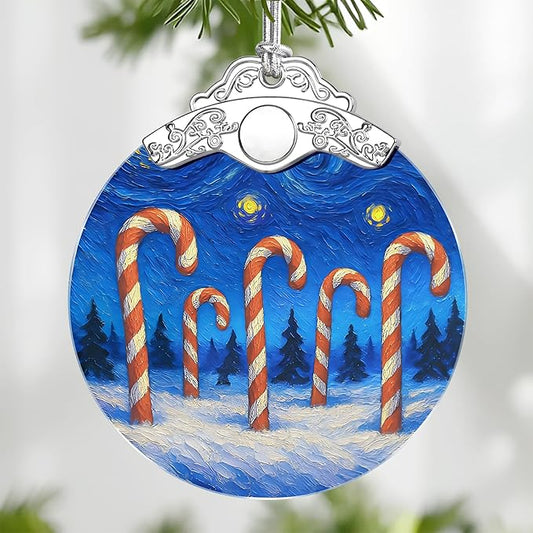 Starry Night Stained Glass Ornament, Christmas Ornaments – Christmas Tree Ornament, Holiday Decor, Xmas Stocking Stuffers, Gift Idea, Gifts for Art Lover, Coworker, Friend, and Family - Candy Canes