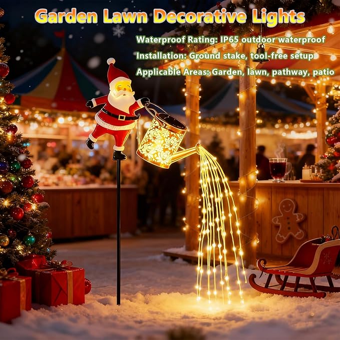 Solar Christmas Lights Outdoor, Waterproof Hanging Metal Watering Can Light Solar Christmas Decorations, Santa Solar Kettle Lights Holiday Displays for Garden Patio Path Yard Lawn