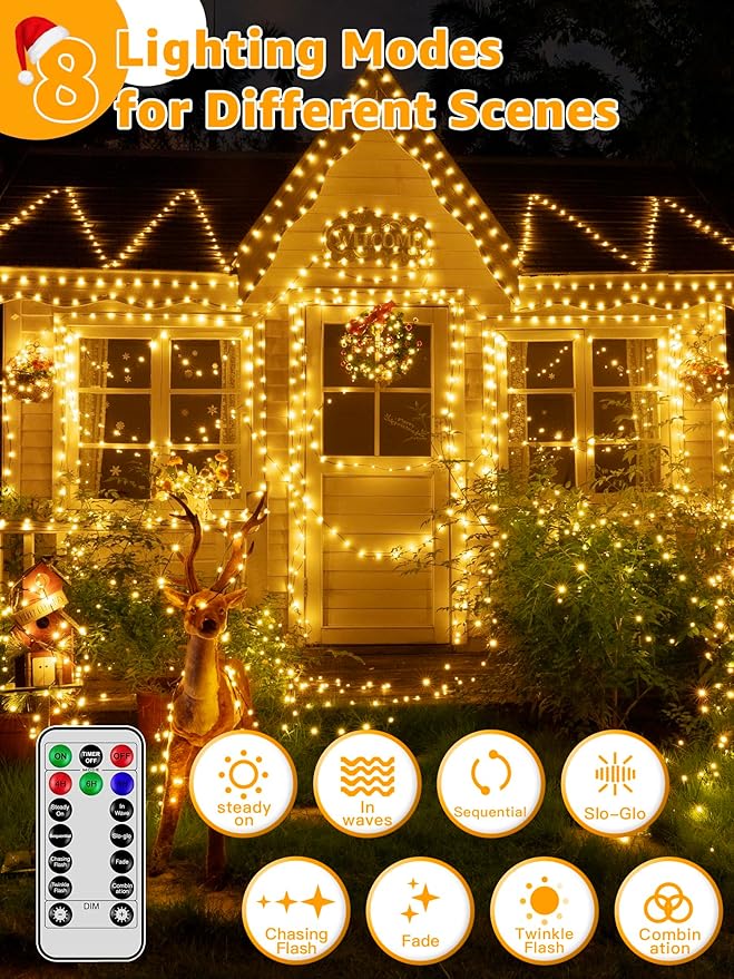Christmas Lights 600 LED 196 FT, Waterproof Outdoor String Lights with Remote and Timer, Christmas Tree Lights with 8 Modes Dimmable, Fairy Lights for Holiday Decor (Warm White)