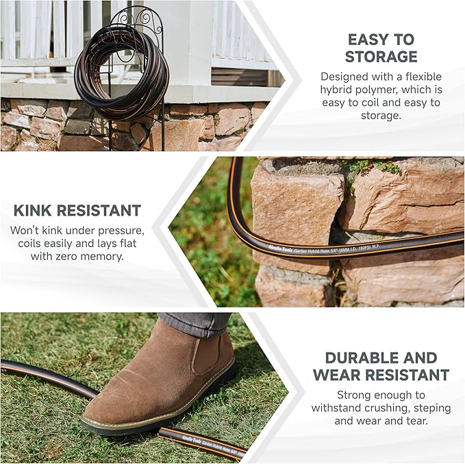 Giraffe Tools Leader Hose 8ft x 5/8, Custom Length, Heavy Duty, No Kink, Flexible, Rubber Garden Hose, Leakproof Water Hose with Female to Female Fittings, 600 Burst PSI