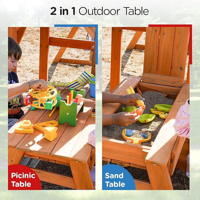 Dolphin Playground Cedar Wooden Swing Sets for Backyard, Outdoor Playset for Kids with Monkey Bar, 2 in 1 Outdoor Table, Wave Slide, Climbing Wall, and 2 Belt Swings, Playground Sets for Backyards
