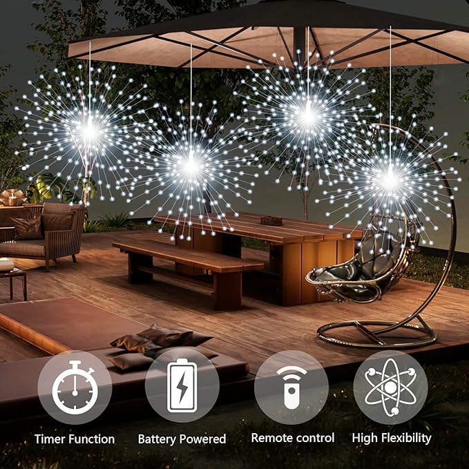 2 Pack Starburst Sphere Lights,200 LLED Firework Lights, 8 Modes Dimmable Remote Control Waterproof Hanging Fairy Light, Copper Wire Light for Patio Parties Christmas (White)