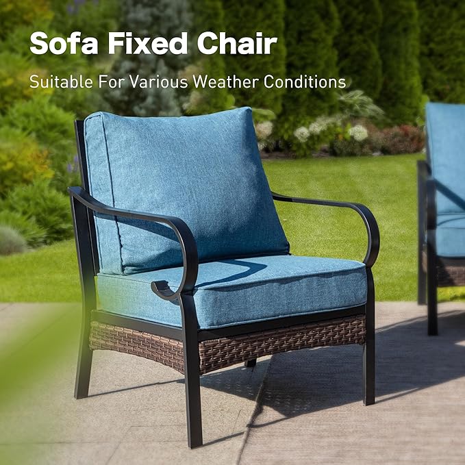 4 Piece Metal Outdoor Patio Furniture Sets with Firepit Table, Patio Conversation Sets 1 3-Seater Sofa, 2 Rocking Sofa with 5.75" Thick Cushion Backyard Furniture for Deck, Denim Blue