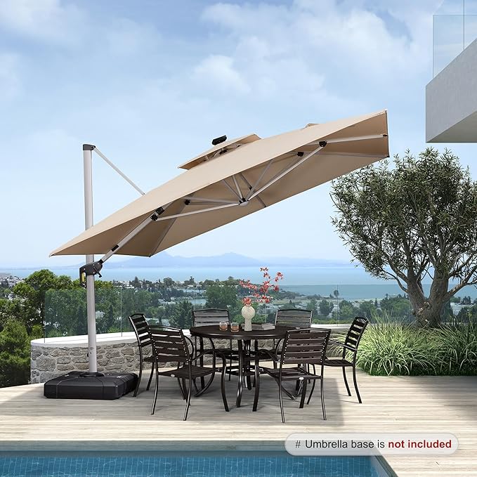PURPLE LEAF 11 Feet Double Top Deluxe Solar Powered LED Square Patio Umbrella Offset Hanging Umbrella Outdoor Market Umbrella Garden Umbrella, Beige