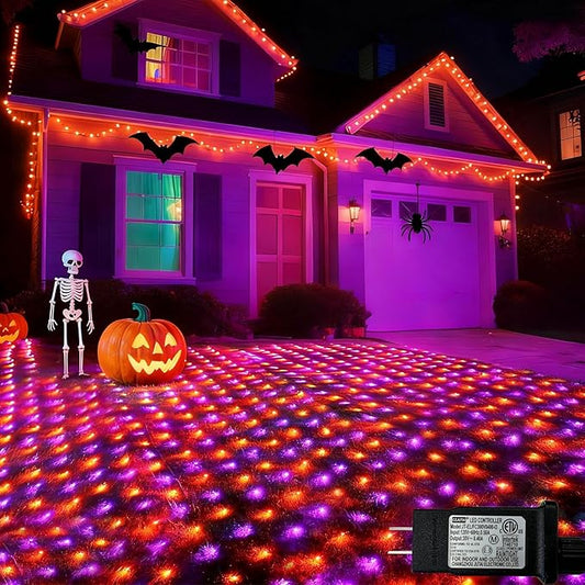 510LED Halloween Net Lights, 27.9ft x 5ft Outdoor Mesh Lights Purple Orange Clear Wire, 8 Modes & Timer, Waterproof Connectable String Lights for Bushes Xmas Tree Garden Holiday Party