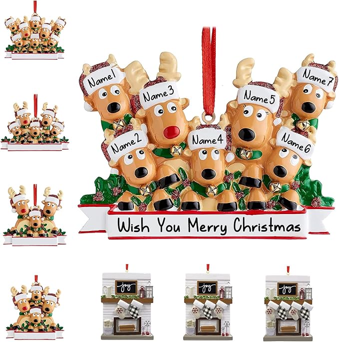 Personalized Christmas Ornaments 2023 Reindeer Family of 2/3/4/5/6/7/8 Deer Custom Christmas Ornaments with Names Customized New Year Keepsake Christmas Tree Decorations（Family of 7）