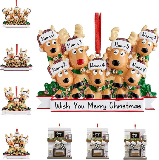 Personalized Christmas Ornaments 2023 Reindeer Family of 2/3/4/5/6/7/8 Deer Custom Christmas Ornaments with Names Customized New Year Keepsake Christmas Tree Decorations（Family of 7）