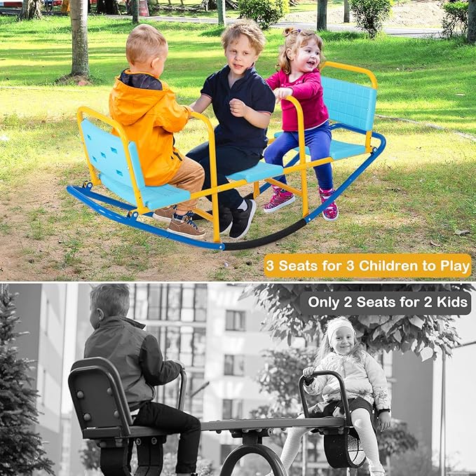 HONEY JOY Kids Seesaw Teeter Totter, 3-Person Heavy Duty Metal Playground Equipment for Backyard, Indoor Outdoor Rocking Fun for Toddlers Boys Girls Age 3-8, Teeter Totter for Kids Outdoor(Blue)