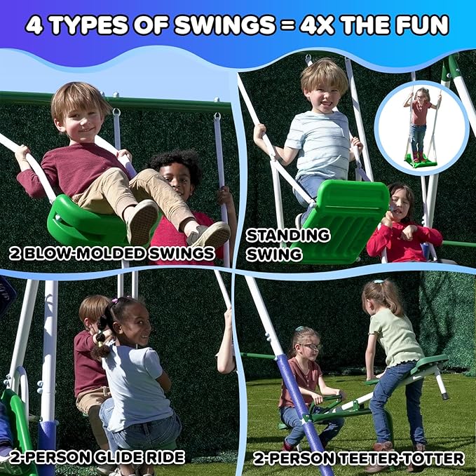 Sportspower Park Ridge Metal Swing Set for Kids Ages 3-8 – 2 Swings, Standing Swing, Roman Glider, Teeter Totter, 5ft Slide, 6.1' Durable Steel Frame, Anchor Kit, 800 lbs Capacity
