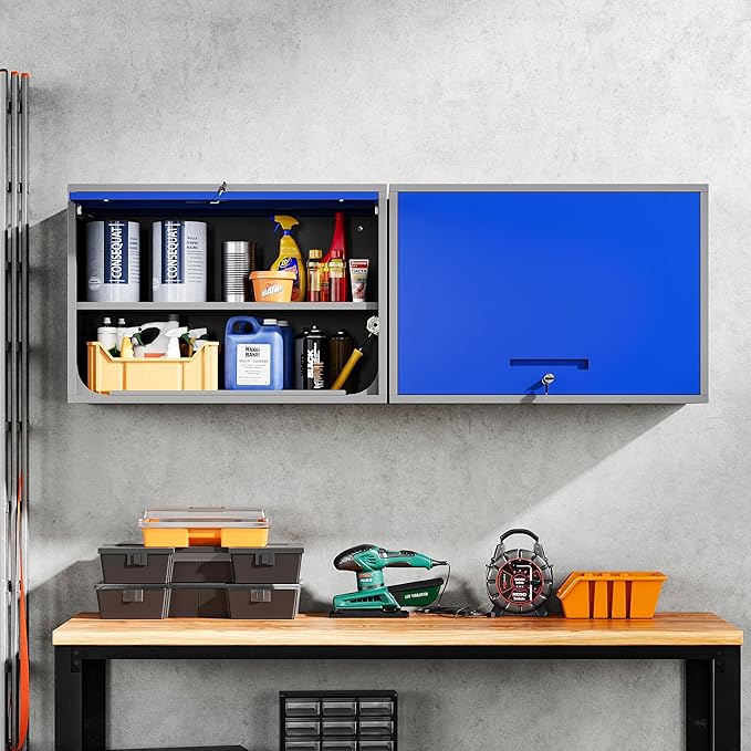 Yizosh Metal Storage Cabinet with Doors & Shelves - Wall Mounted, Floating - Blue Gray, 21.6 H - For Garage, Basement, Kitchen, Warehouse