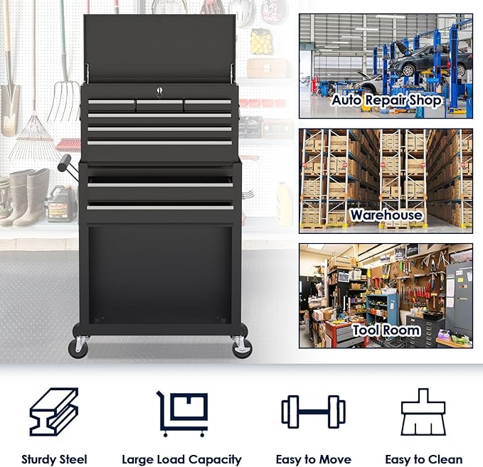 8-Drawer Rolling Tool Chest, High Capacity Removable Tool Storage Cabinet, Detachable Toolbox with Lock for Garage Warehouse and Tool Room (Black)