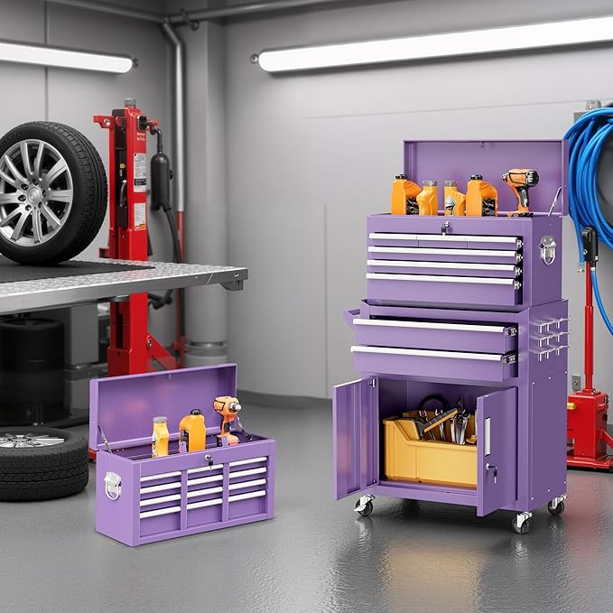 Bonusall 8 Drawer Rolling Tool Chest and Cabinet Combo,Heavy-Duty Metal Garage Tool Chest with Wheels and 2 Doors,2-in-1 Top Box and Roller Cabinet Combo for Garage, Workshop, Warehouse-Purple
