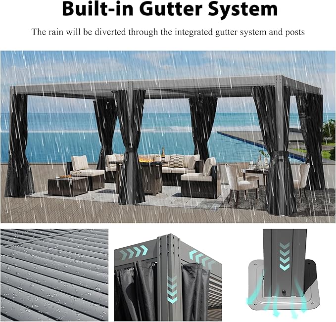 Domi 12x20FT Louvered Pergola, Full Aluminum Pergola with Adjustable Louvered Roof, Outdoor Pergola with Waterproof Curtains and Netting, Gray